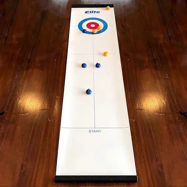 Mini Bordcurlingspill Bærbart Rullbart Interaktivt Familiespill for Barn og Voksne Blå Gul