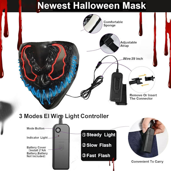 Halloween LED-naamio, LED-luurankonaamio, LED-puhdistusnaamiot, kauhunaamio, halloween-naamio, karnevaaliin, halloweeniin, cosplayhin ja juhliin Xb