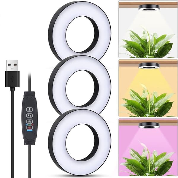 LED-plantegrowlight, fuldspektrum, 144 LED'er, dæmpbar med 4/8/12H timer, USB 5V, til små indendørs planter, sort, 19x12x4cm