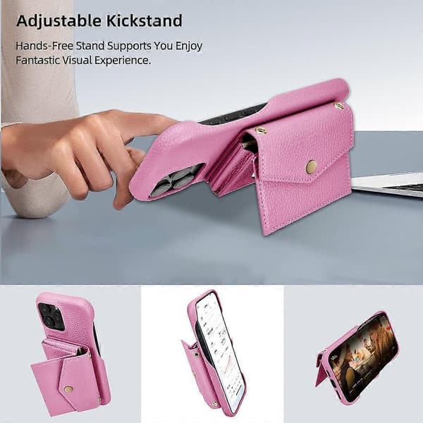 Mobilskal med horisontell kortficka i litchi-textur med lång sladd Rosa Pink For iPhone 14 Pro