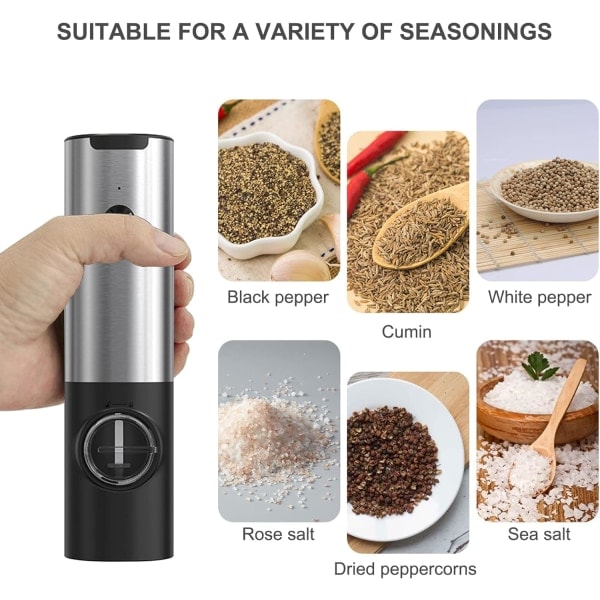 IC USB Oppladbar Elektrisk Pepperkvern Justerbar Grovhet Elektrisk Salt- og Pepperkvern Automatisk Krydderkvern med LED-lys, Holdbart Skall