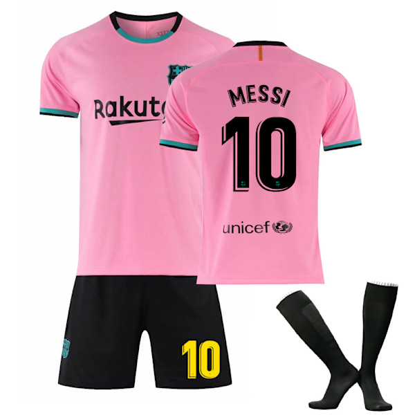 20-21 Barcelona drakt hjemme og borte svart, gull og rosa Messi fotballuniformsett Barcelona pink size 10 socks M