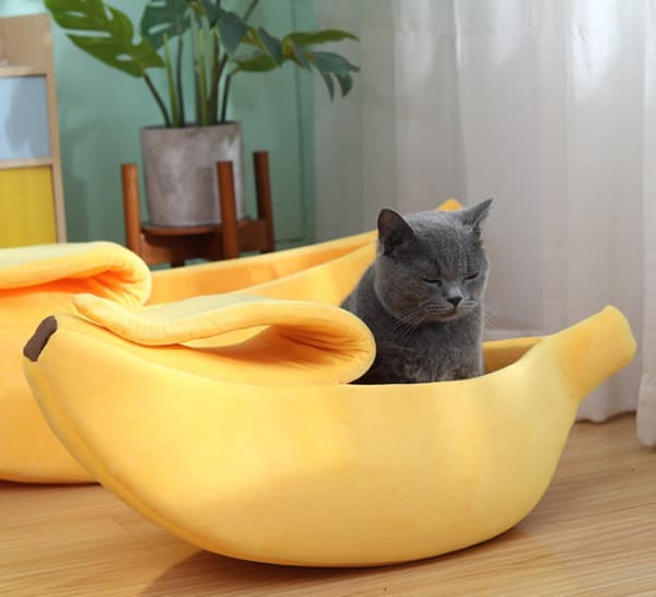 Banan Kattseng, Myk Plysj Og Elastisk Skum, Halvåpen Deksel, For Katter, Kattunger, Kaniner Og Små Hunder, Gul, Medium