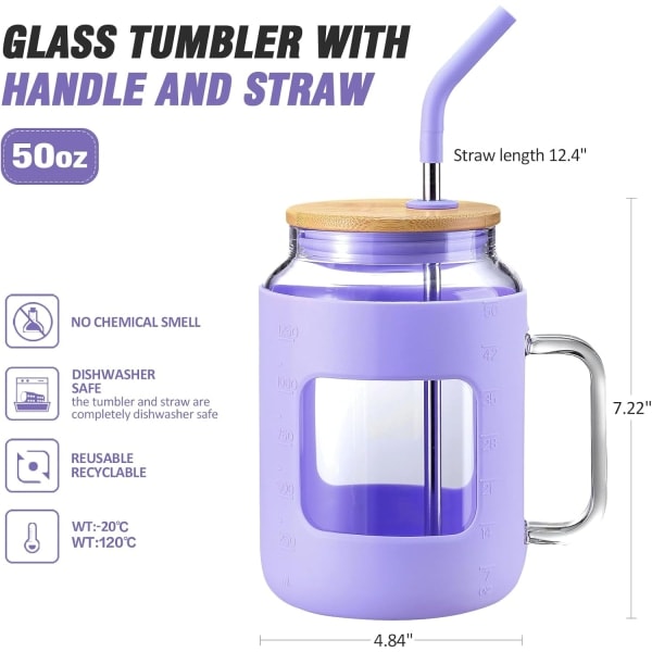 IC 50 oz lasivesipullot silikonisuojuksella, lasimuki kannella ja pillillä, jääkahvikuppi kahvalla, BPA-vapaa - violetti