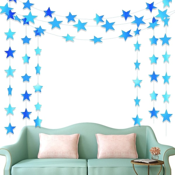 IC Glitter Stjärngirlang Banner Dekoration, 40 Meter Lång Guldstjärna Hängande Vimpel Banner Bakgrund (holografisk blå)