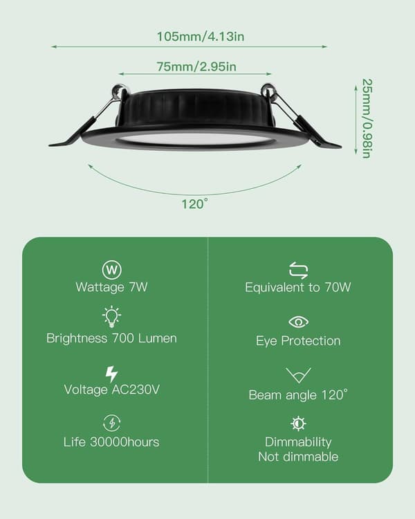 Ultratanke LED indbyggede spots 230V, Sæt med 6 indbyggede spots 7W Energibesparende loftspots IP44 indbyggede spots, Sort, 6000K