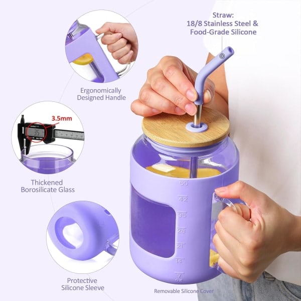 IC 50 oz lasivesipullot silikonisuojuksella, lasimuki kannella ja pillillä, jääkahvikuppi kahvalla, BPA-vapaa - violetti