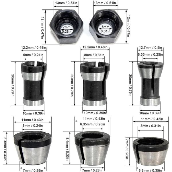 6 st Högprecisions Stål Fräschuckar 6mm, 6.35mm, 8mm + 2 st Muttrar
