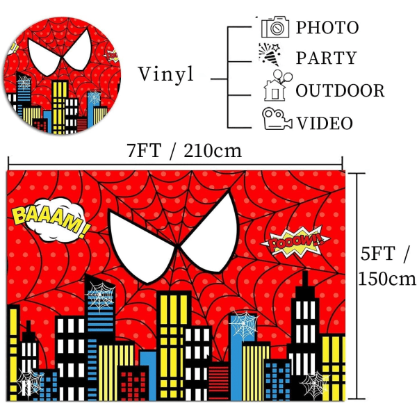 IC 7x5ft Rød Spider Web Fotografi Baggrund til Børn Drenge 1 års fødselsdagsfest Bannerdekorationer Superhelte Tema Bybillede Fotobaggrund Baby