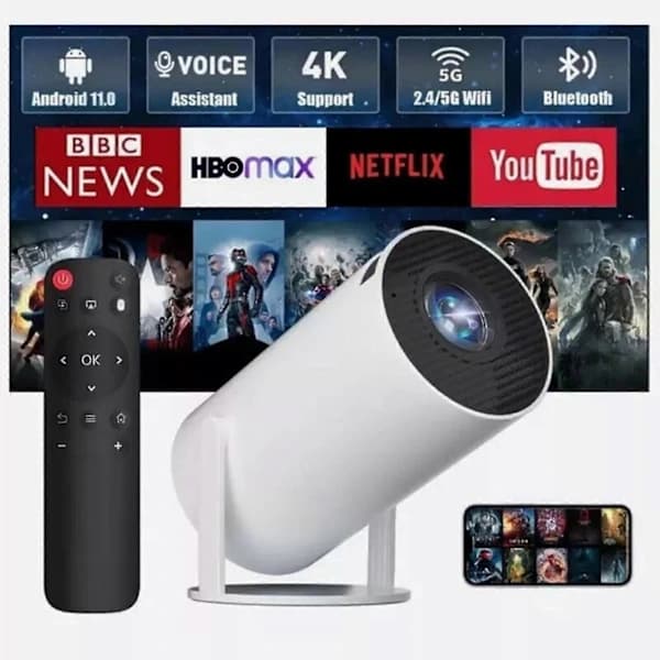 Smart miniprojektor 4K-støtte HD LED WiFi 6 Bluetooth HDMI USB Android 11 for hjemmekino kontor hvit
