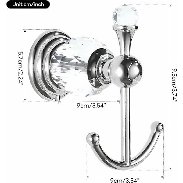 Crystal Chrome Towel Hook, Robe Hook, Double Silver Bathroom Hooks for Clothes, Wall Mounted in Modern Style