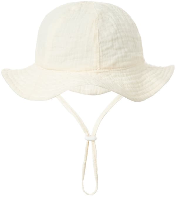 Solhatt i bomull for baby, UPF 50+ bred brem med hakestropp, for spedbarn 3-12 måneder, 43-49 cm, kremfarget