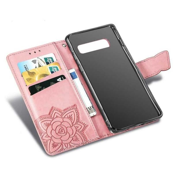 Samsung S10 Wallet Case PU Læder 4-RUMS Motiv Sommerfugl Rosenguld