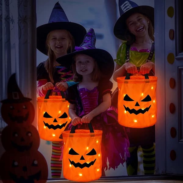 LED Halloween Slikspande, Genanvendelige Polyester Græskar Trick Or Treat Tasker, 2-pak Til Halloweenfester, Orange, 30 x 25 cm