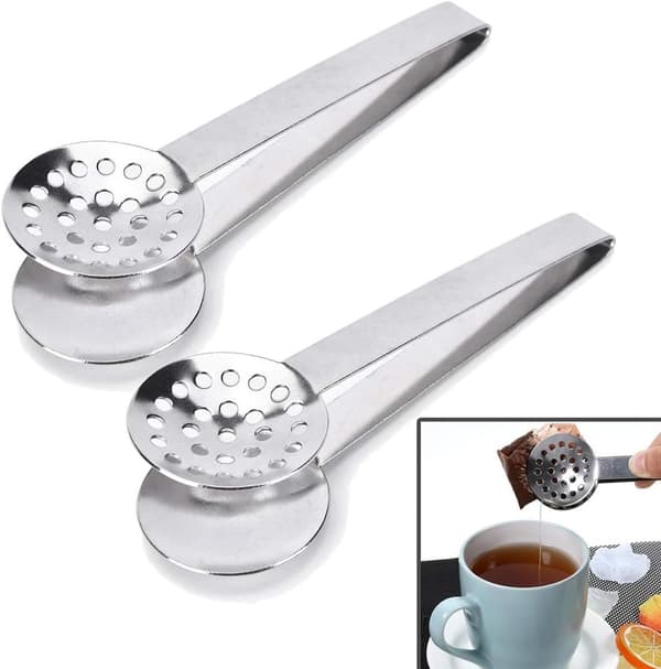 Teklype i rustfritt stål, 2-delt sett med perforert filter og langt håndtak, tetang for tekanner, sølv