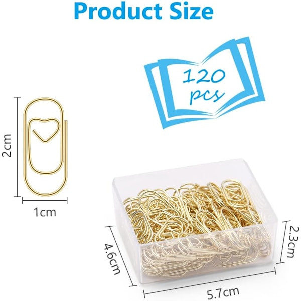 Små papirclips, 130 stk. metal hjerteformede papirclips, papirclips bogmærke clips lille bogmærke til skolekontor dokumentorganisation guld Gold