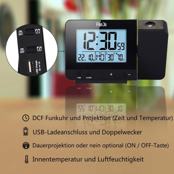 IC Projektionsväckarklocka digital väckarklocka med USB-port,