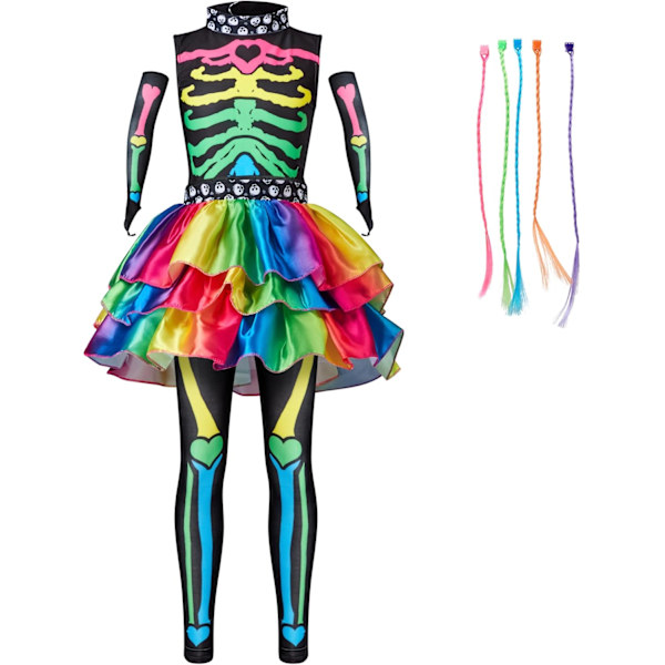 Färgglad och trendig skelettdräkt för flickor, lyxig dräkt med hårförlängningar, för Halloweenfester Medium (8-10 yrs)