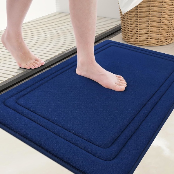 IC Memory Foam Bademåtte 24x16, Ultra Blød, Skridsikker og Absorberende Badeværelsesmåtte, Maskinvaskbar, Komfortabelt Badekar, Marineblå