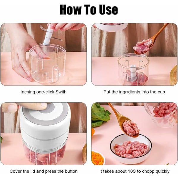 Mini Elektrisk Lökhackare med 2 Behållare, Multi Elektrisk Köksmixer Hackare 250ML+100ML, USB Uppladdningsbar för Grönsaker Frukt Kött (Vit)