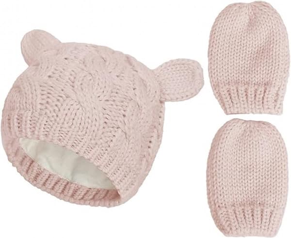 Baby Vinterhue og Vanter Sæt, Strikket Blødt, Pink, Størrelse M til 2-6 Måneder