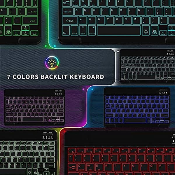 Bluetooth-tastatur med 7-farvet baggrundsbelysning, bærbart genopladeligt saksetastdesign til tablets, telefoner, rejser og kontor, sort