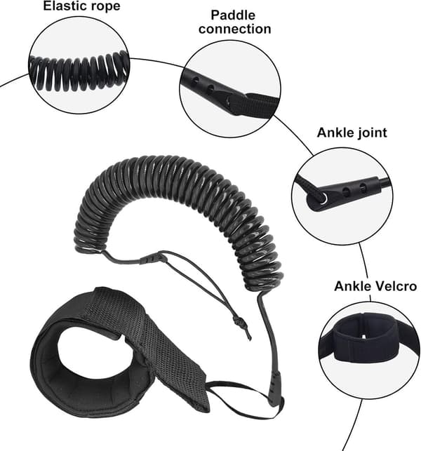 2 Surfboard Leashes - 3,05 m, justerbar med velcro og fodrem - til surf, kajak, longboard - 5,5 mm - sort