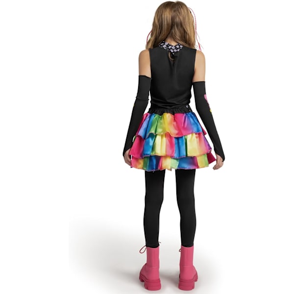 Fargerikt og trendy skjeletkostyme for jenter, luksuriøst kostyme med hårforlengelser, for Halloween-fester Small ( 5 – 7 yrs)