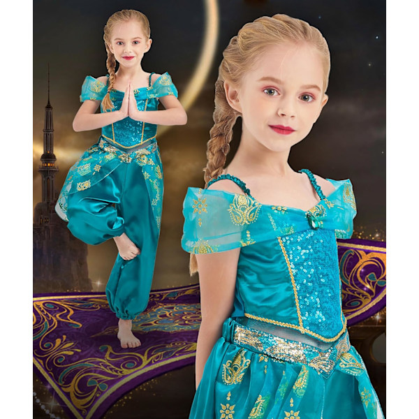 Prinsessakostym, klänning, Jasmine, jumpsuit, halloween, födelsedag, paljetter, festkläder, blå