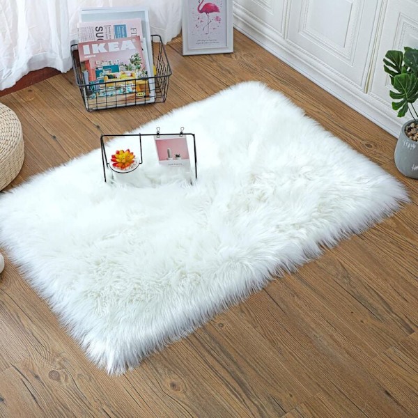 Fuskfårskinn Imitation Fleece Lammskinn Matta Fluffig Mjuk Långhårig Dekorativ Stol Kudde Soffmatta (Vit, 50x150cm)