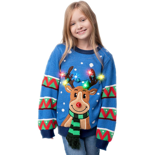 Kids LED Light Up Christmas Sweater Pure Ugly Christmas Sweater Built-in Light Bulbs for Girls and Boys (Red/Blue)