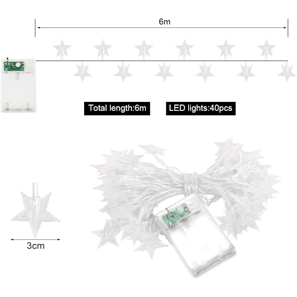 Stjernelysstreng, 6M 40 LED Belysning Ljuskedjor med stjärnor
