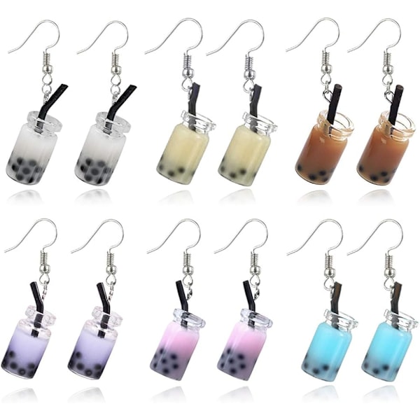 Heyone 6 Pairs Creative Unique Bubble Boba Tea Dingle Earrings Persolity Milk Tea Drink Earring Colorful