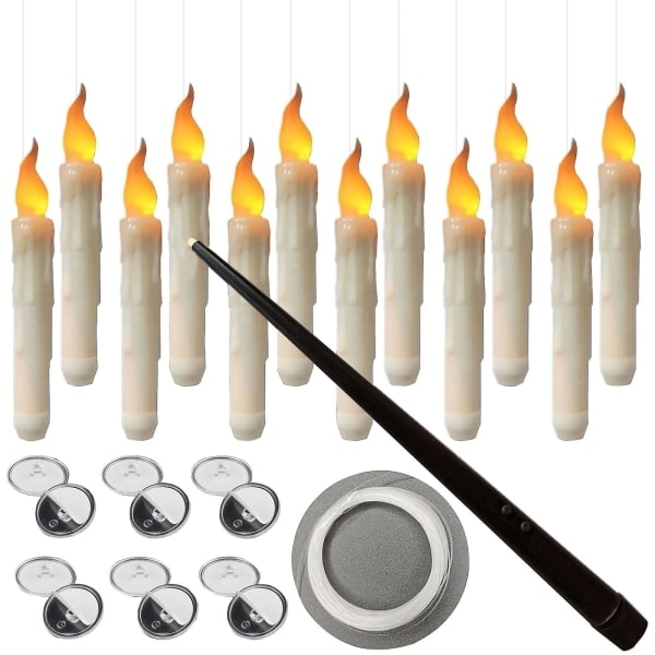 Levitating Candle with Wand Remote Control, 12-pack LED Flameless Flickering Tealights Battery Operated Harry Potter Floating Candles White-WELLNGS
