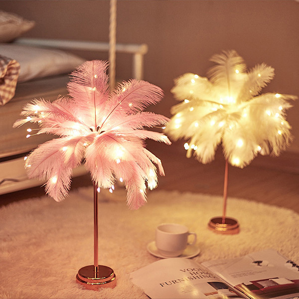 Led fjærlampe bordlampe liten nattlampe soverom jentehjerte rosa Pink one size