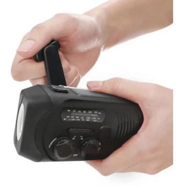 Svart vevradio med solceller, ficklampa och 2000mAh powerbank Nödradio, överlevnad Black Svart