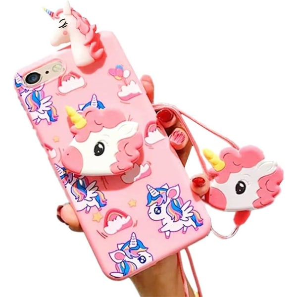 Unicorn- case för Iphone 7/8/se 2020 4.7 med snöre, 3d Cartoon Cute Kickstand Case (blå)