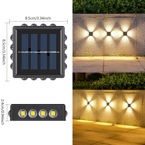 Solar Vägglampa, LED Solarlampa för Utomhusträdgård, IP65 Vattentät Fyrsidig Solar Grind Utomhus LED Vägglampa