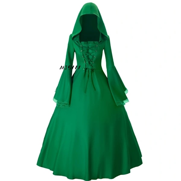 Halloween-mekko naisille, keskiaikainen retro gootti MJ51, suuri koko, trumpettihülsyt, lavanäytösjuhlamekko Green Dress M
