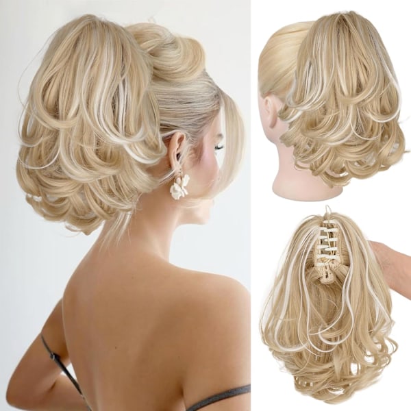 Hestehaleforlengelse, 10\" Kort Klokkeklemme i Hestehaler Hårforlengelser Krøllete Bølgete Syntetiske Snørebånd Hårdeler for Kvinner (Blond Blanding Hvit)