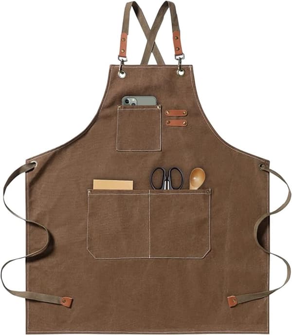 Grillforkle med justerbar kryssryggstropp og 3 lommer for menn og kvinner Matlaging Baking Restaurant Hagearbeid Brun