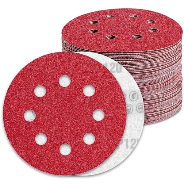 125mm Slippapper 120 Korn Sandpapper 100 Stycken 8 Hål Slipplatta för Excenterslipmaskin, DEBUNS