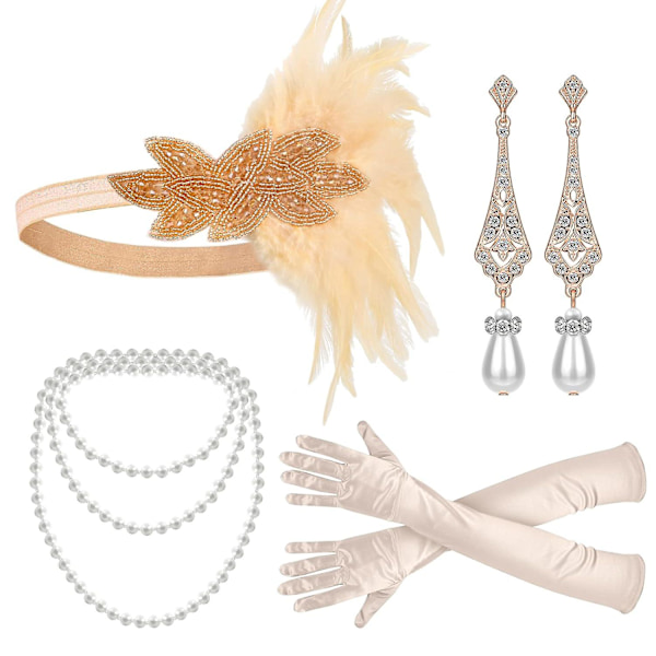 Flapper-tillbehör, 1920-talets Gatsby-tillbehör för kvinnor inklusive flapper-pannband, halsband, handskar, svart