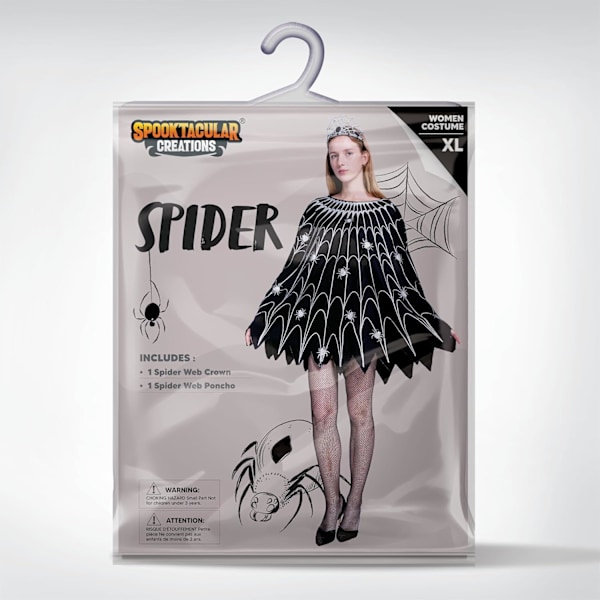 Spindelvævs-kjole poncho kostumer med glødeffekt og krone til kvinder halloween fest XL