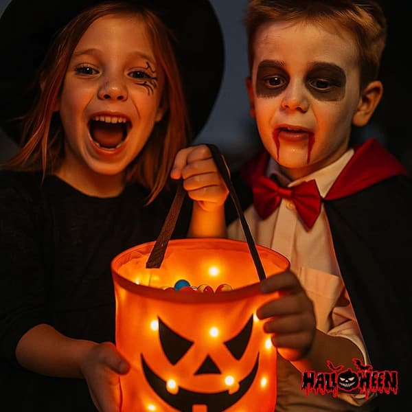 LED Halloween Slikspande, Genanvendelige Polyester Græskar Trick Or Treat Tasker, 2-pak Til Halloweenfester, Orange, 30 x 25 cm