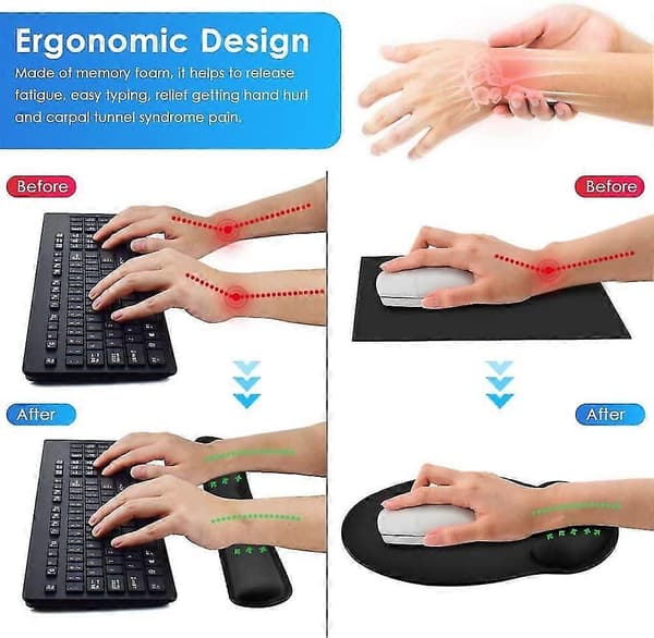 Musematte, Ergonomisk musematte + tastatur håndleddsstøtte sett for datamaskin/laptop, Sklisikker gummibase minneskum håndleddsstøttesett for lindring Getti