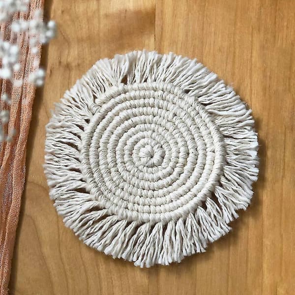 Håndlavede Macrame Brikker, Runde Kvaster Brikker til Drikkevarer, Absorberende Varme- og Vandafvisende Genanvendelige Holdbare Underkopper Bar (Beige, 2 stk.) 15*15cm