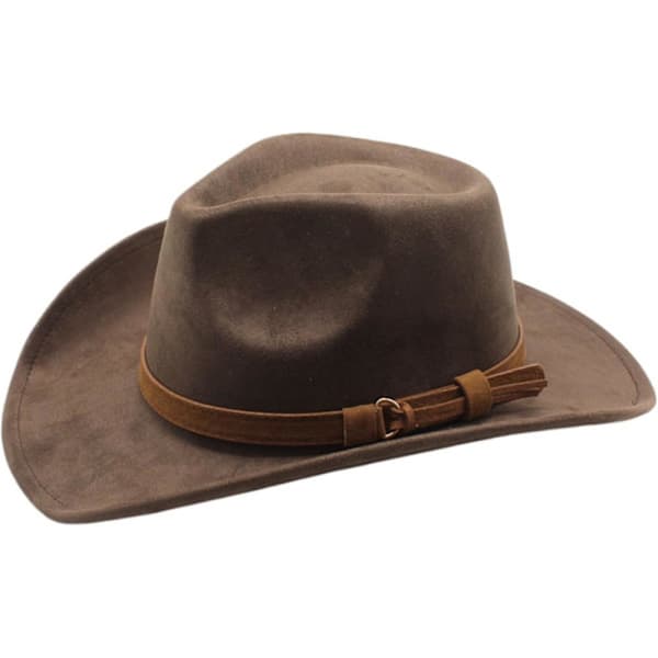 Brun cowboyhat, bredskygget westernhat med bæltespænde og ruskind til mænd og kvinder