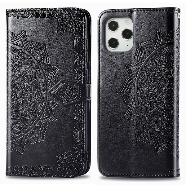 iPhone 12 Pro Max - Mandala Läder Fodral - Svart Black Svart