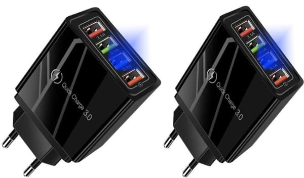 2-pakning mobillader / hurtiglader med 4 uttak - QC3 Svart